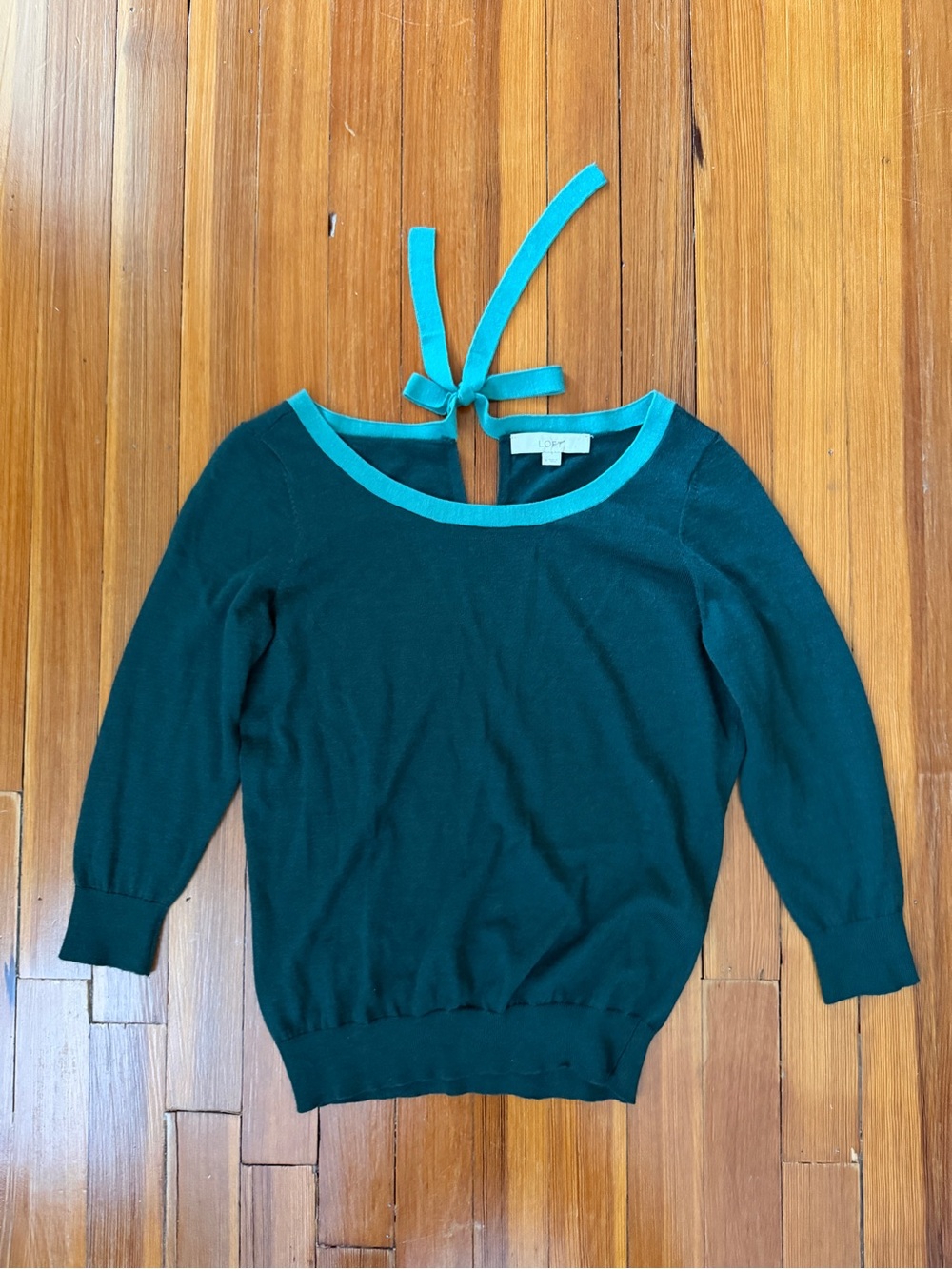 LOFT Dark Teal Crewneck Sweater with Back Bow Tie